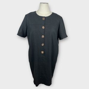 Vintage Black Linen Blend Short Sleeve‎ Shift Dress Lagenlook Artsy 2X
